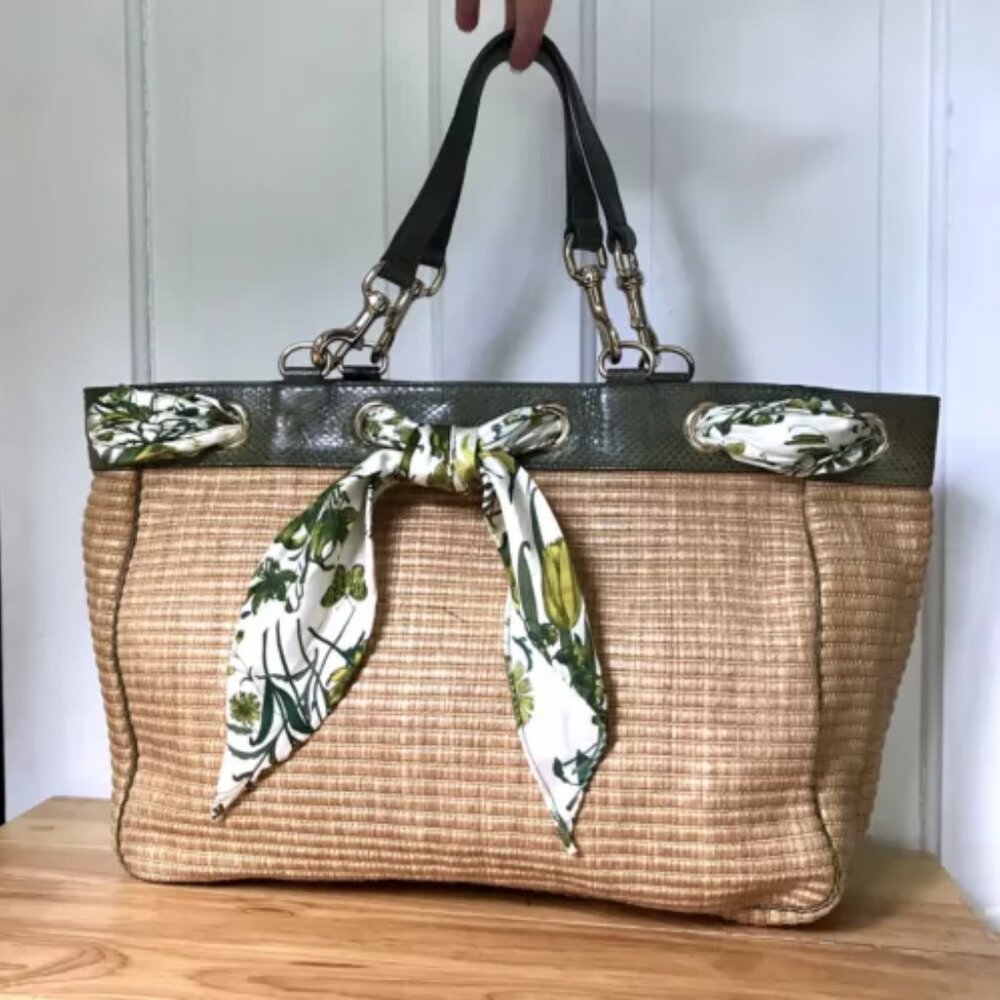 Gucci Large Raffia Positano Handbag Green Flora Snakeskin Floral Tote Bag